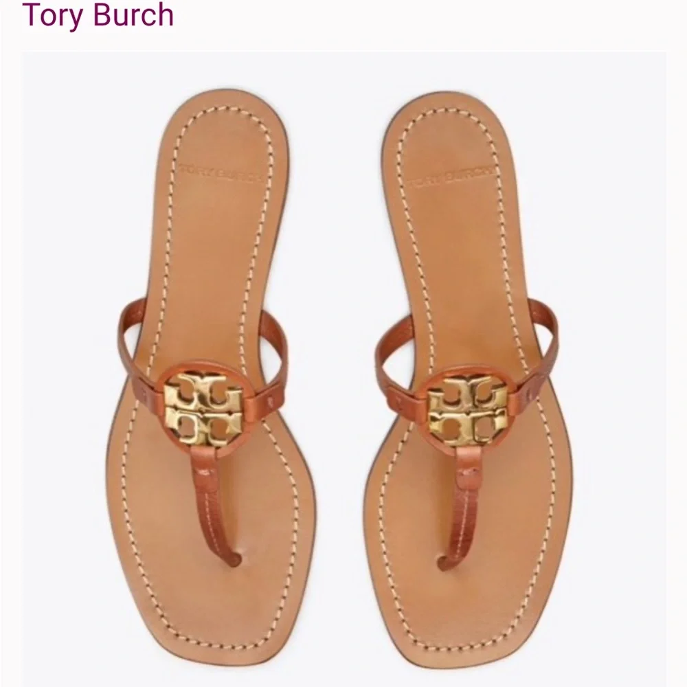 Tory Burch Tan Leather Thong Sandals with Gold Logo Medallion women size 8.5